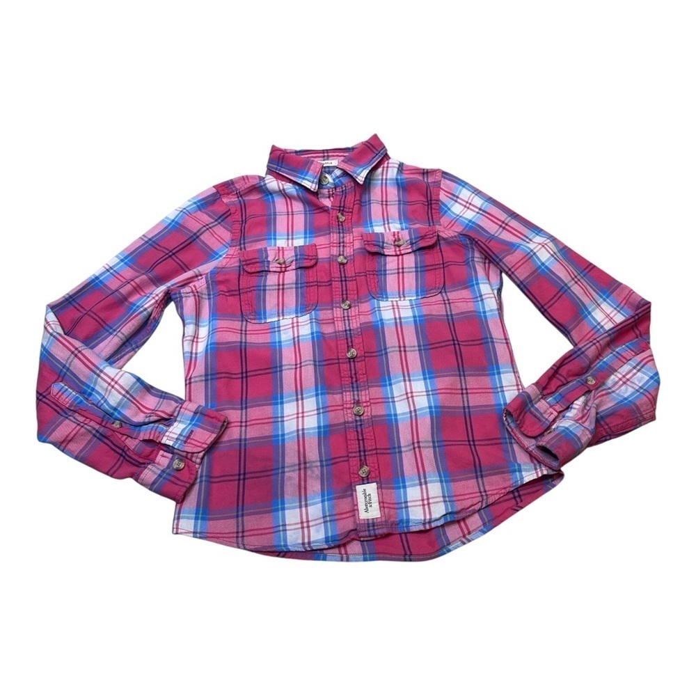 Abercrombie & Fitch Pink Blue Plaid Cotton Button Down Long Sleeve Shirt Size M
